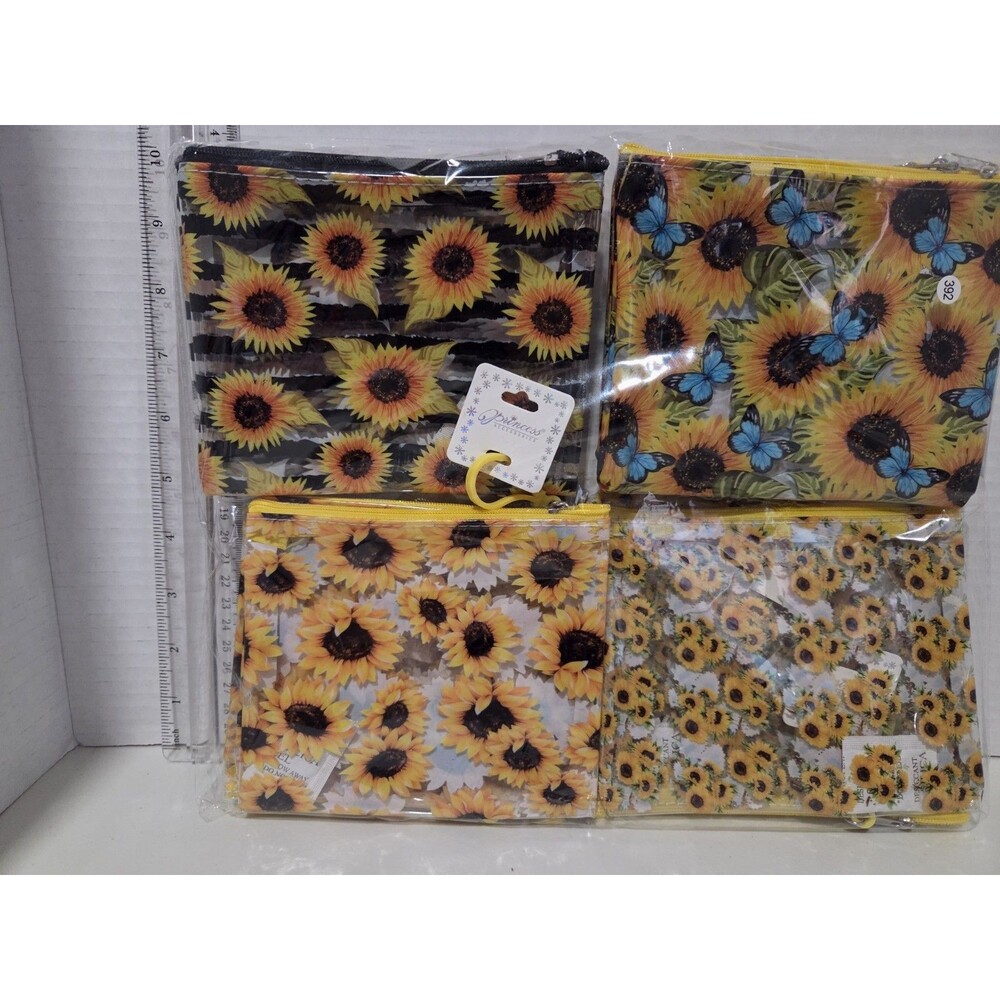 Lot of 12 plastic Sunflower Print Zipper Makeup Bags/Pouches 6x5"